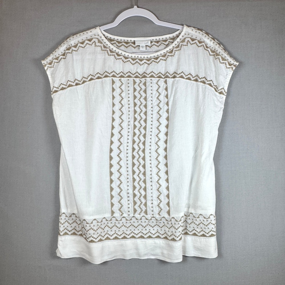 J.Jill Embroidered Top Women Size S White Linen Blend Boho Coastal Peasant